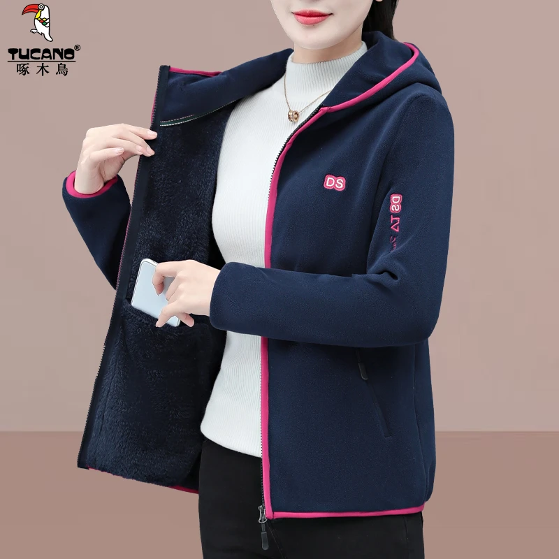 啄木鸟摇粒绒毛毛外套女秋冬2025新款加厚保暖中年妈妈连帽抓绒衣