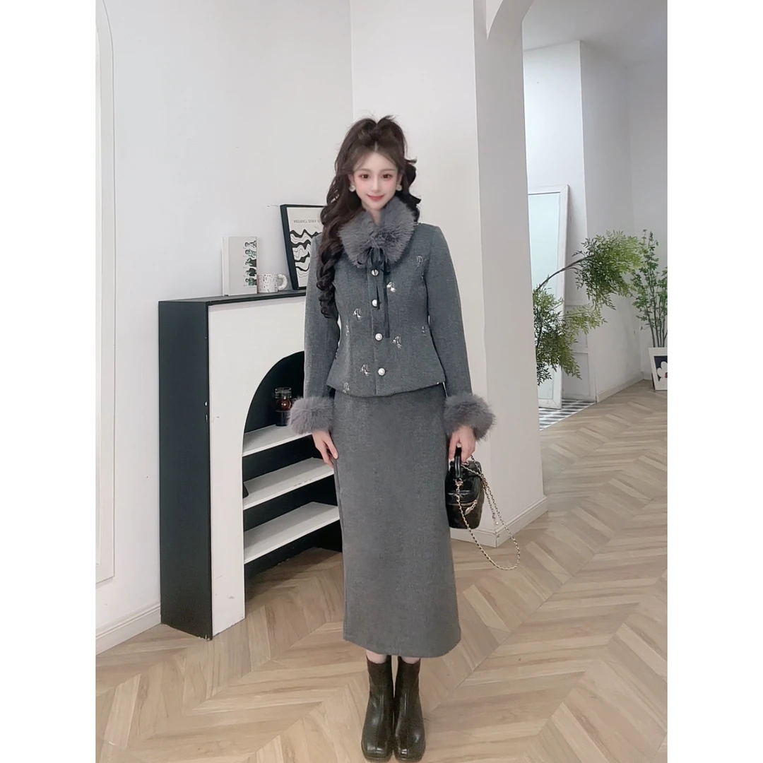 IEF/爱依服2025冬季新款法式轻奢名媛风通勤百搭夹棉上下套长裙