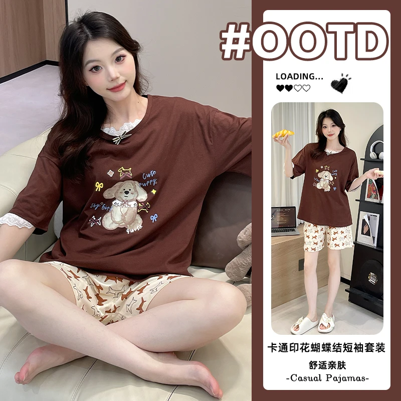 夏季棉质宽松睡衣女带胸垫甜美短袖短裤卡通小狗可外穿套装家居服