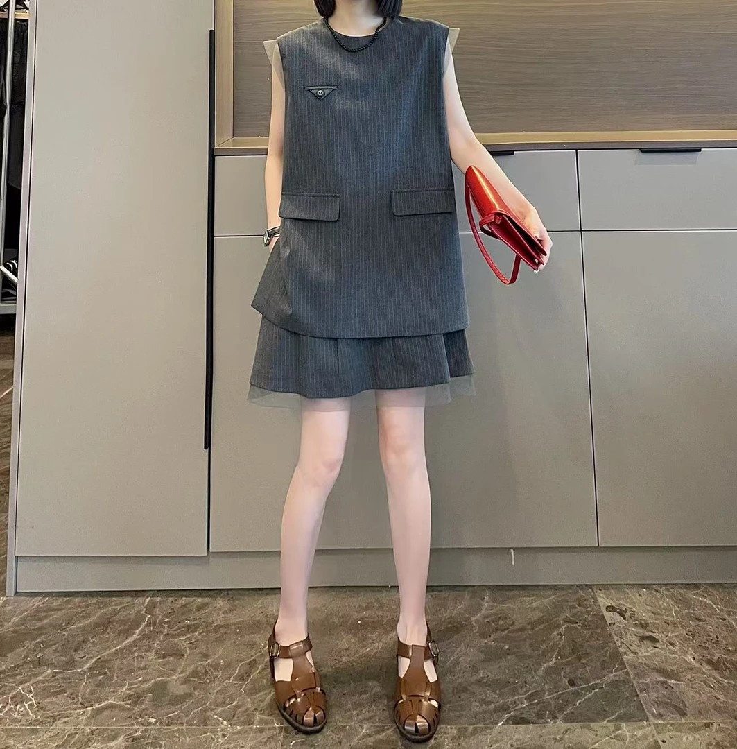 米可/MK-2619LJ【竖条纹拼纱套装】时尚休闲气质夏季新款两件套