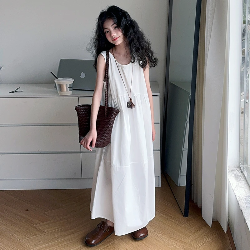 女童连衣裙法式慵懒休闲小众简约无袖背心裙白色长裙2025儿童夏新