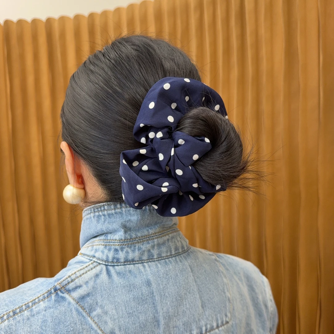 （翠云）韩系风藏蓝色波点大肠发圈头饰复古