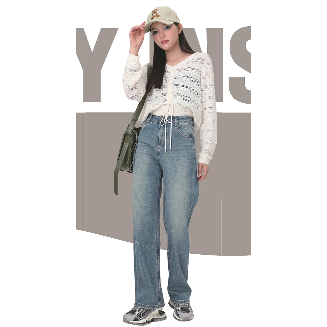 潮牌【魔M】韩版口袋晕染显瘦烫钻直筒阔腿牛仔裤春装品牌撤柜女