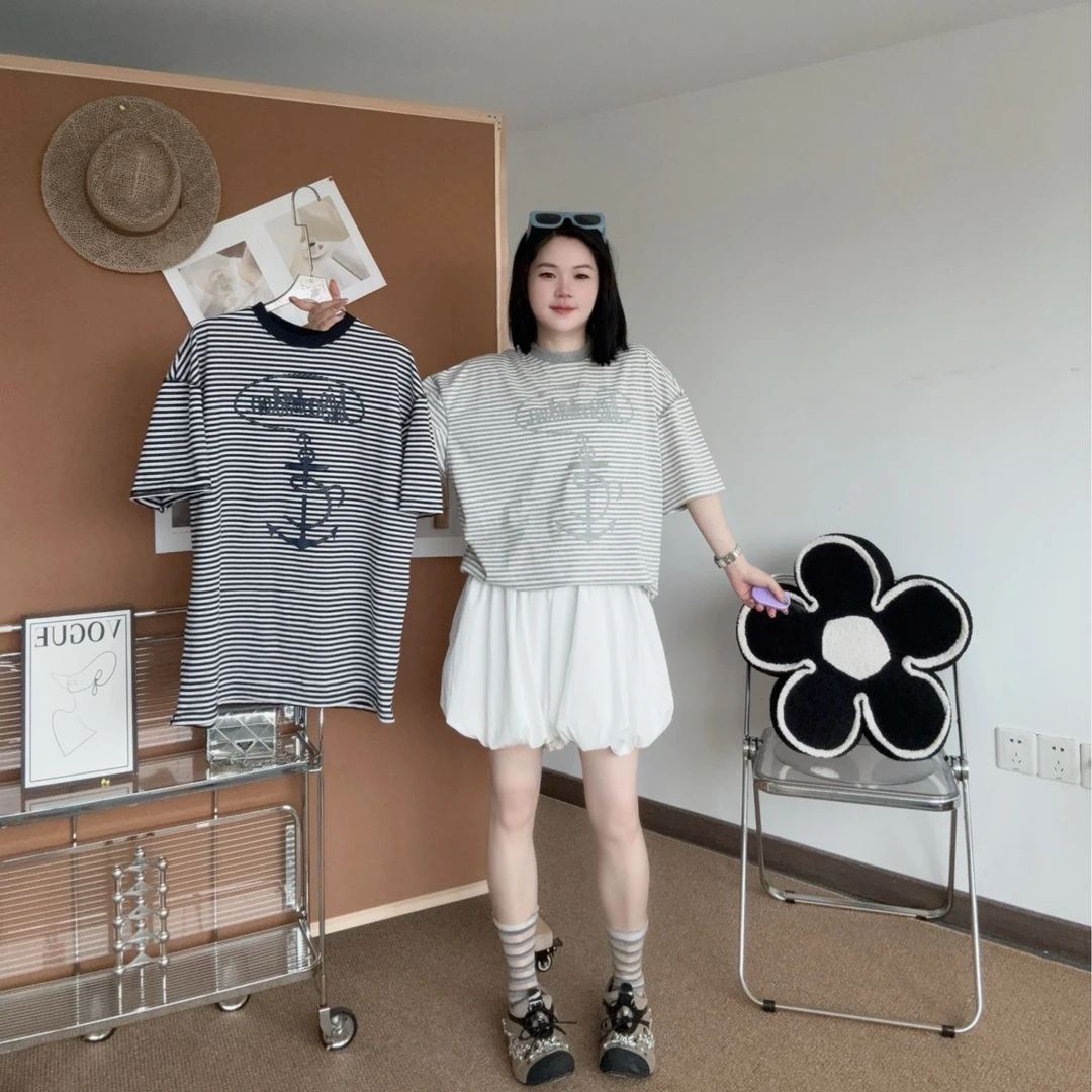 【瓦瓦妮莎】chrisoubydan欧阳丹25海军系列图案印花条纹短袖T恤