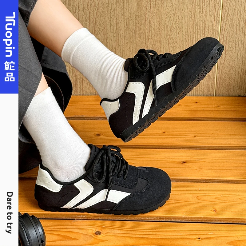 鮀品黑色德训春季上班新款百搭休闲软底鞋子黑色鞋子上班不累脚