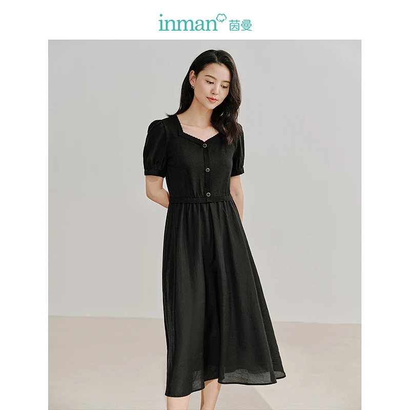 茵曼2024夏季新款女连衣裙裙子女装短袖休闲长V领黑色收腰时尚
