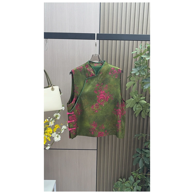 【墨染玫香】新中式斜襟提花无袖马夹厚款常规款上衣国风马甲百搭