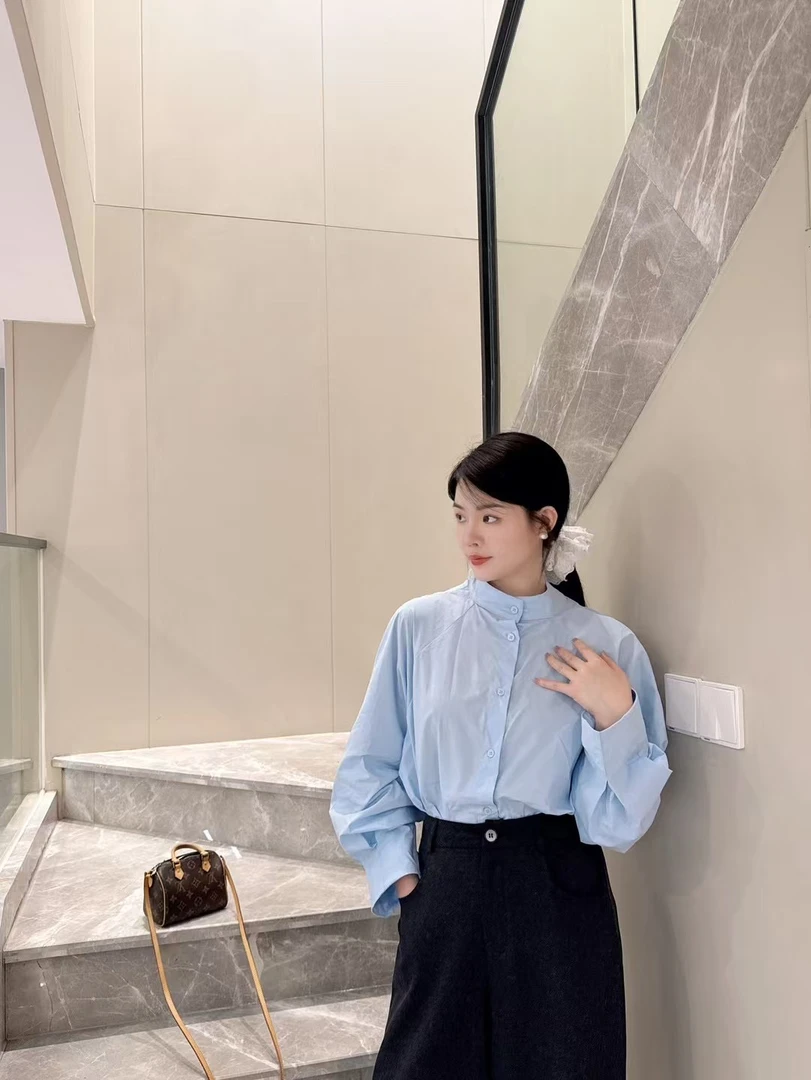 ODUOER【实体同款】气质插肩袖衬衫女设计感小众高级感小立领衬衣