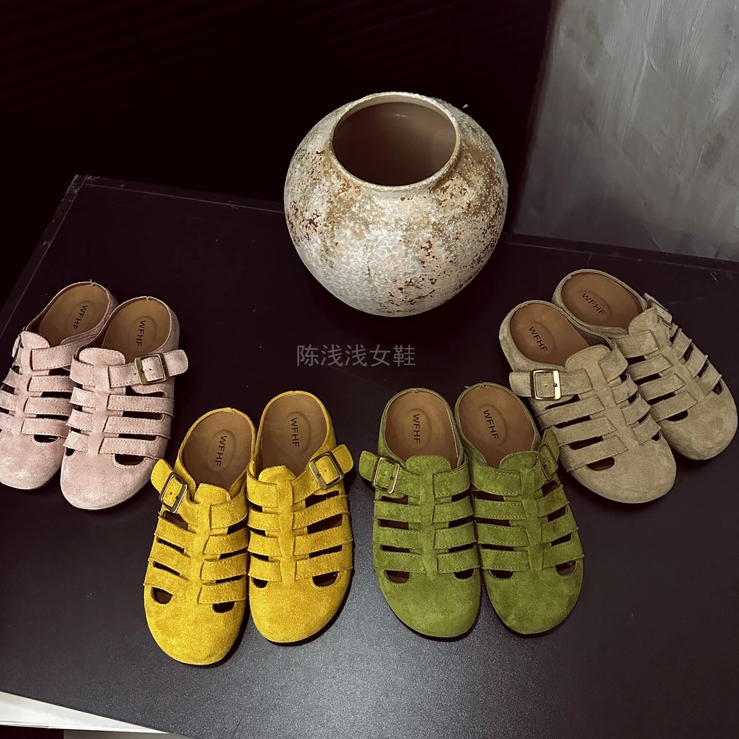 平底平跟纯色包头日常包头拖时尚仙女风休闲软底镂空ins