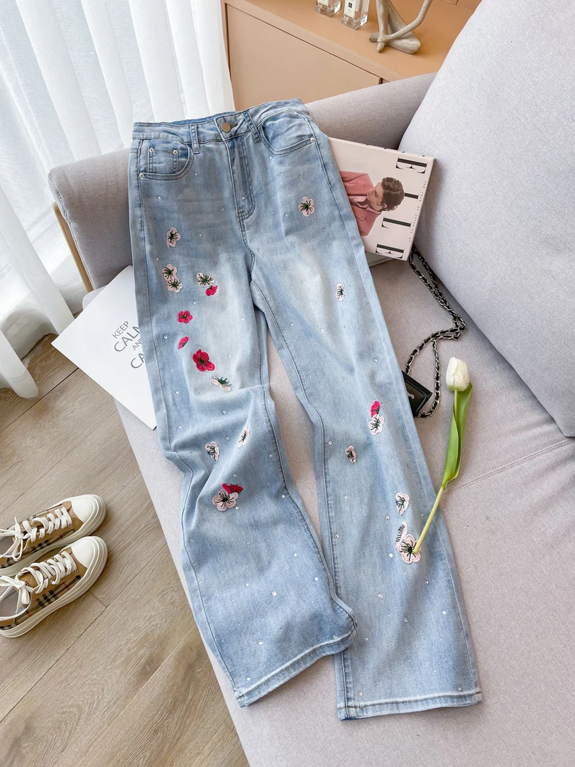 韩版时尚洋气刺绣薄款直筒裤女款夏季新款高腰宽松百搭牛仔裤子