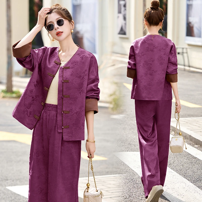 新中式国风两件套装女春秋季新款时尚妈妈气质上衣洋气阔腿长裤子