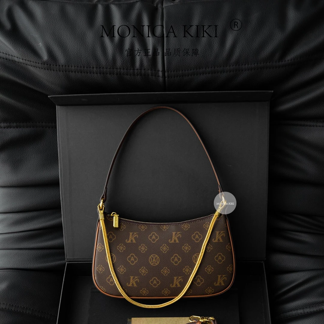 新款时尚单肩包经典印花链条包潮流腋下月亮包2216咖