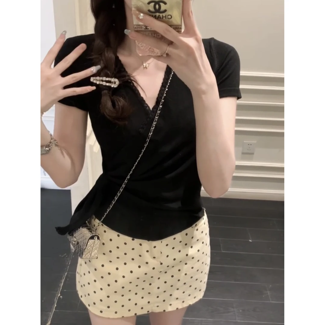 法式chic时尚绑带设计v领短袖t恤女夏季新款轻熟风显瘦短款上衣潮