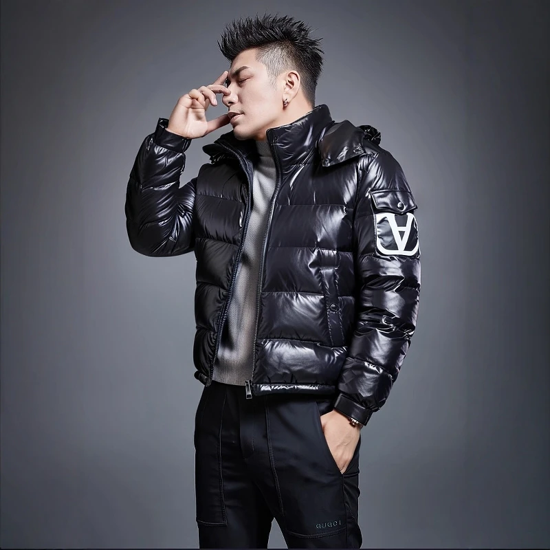 曼库帕娅冬季男士新款时尚亮面高端白鸭绒外套印花帅气连帽羽绒服