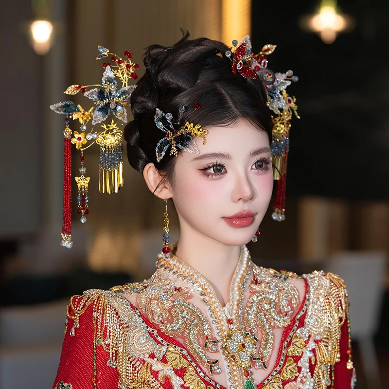 G379新中式秀禾头饰新娘头饰流苏结婚大气复古古风简单凤冠霞奢华