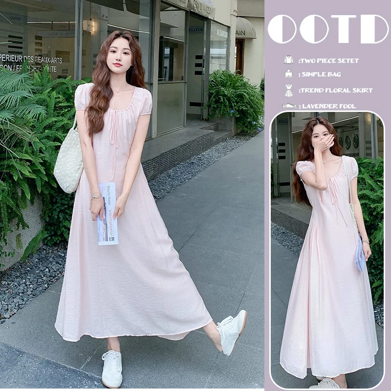 { 糕糕 }孕妇装2025夏季新款韩版大码法式复古收腰v领粉色连衣裙