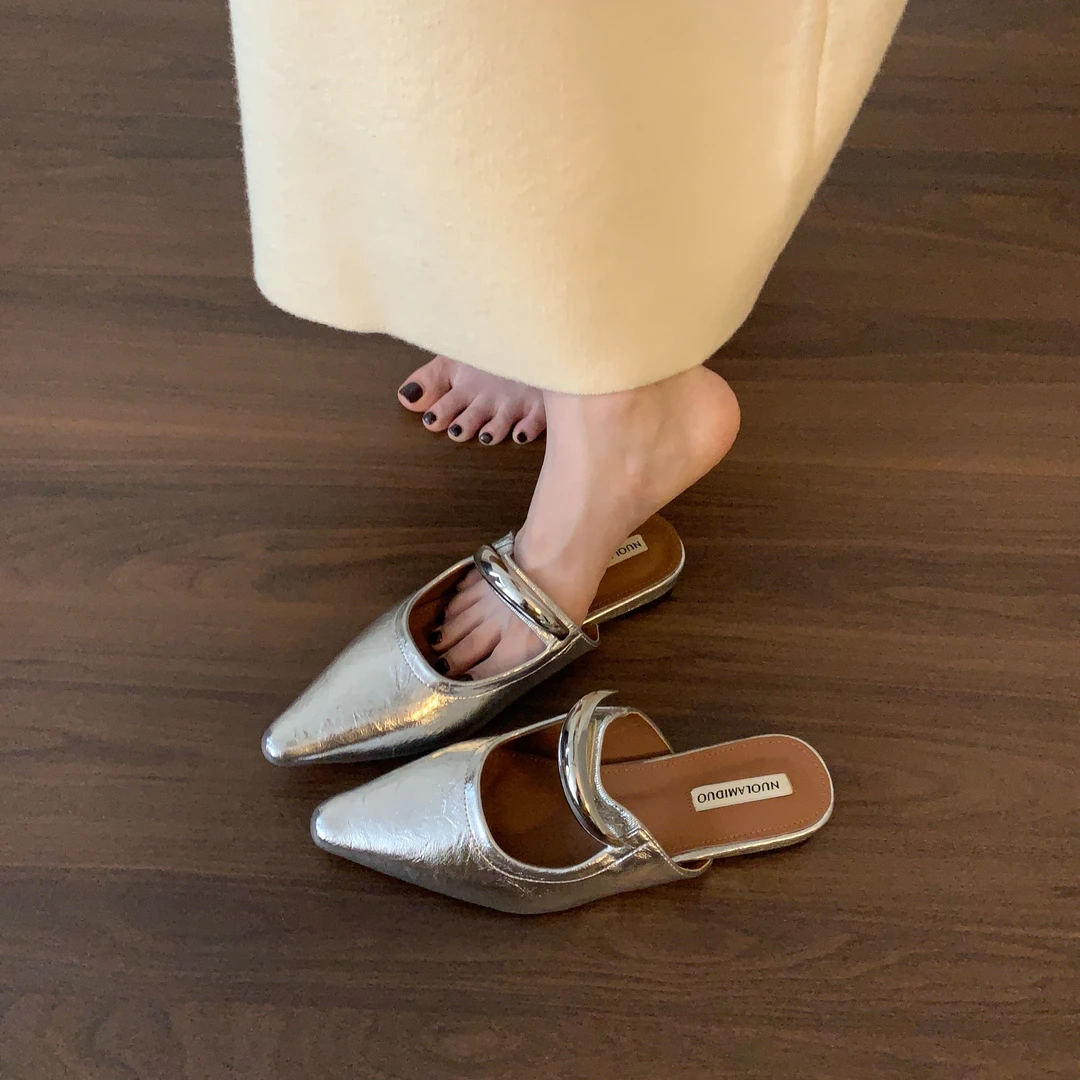 小众设计平底包头拖女款夏季银色凉拖鞋玛丽珍半拖鞋一脚蹬单鞋