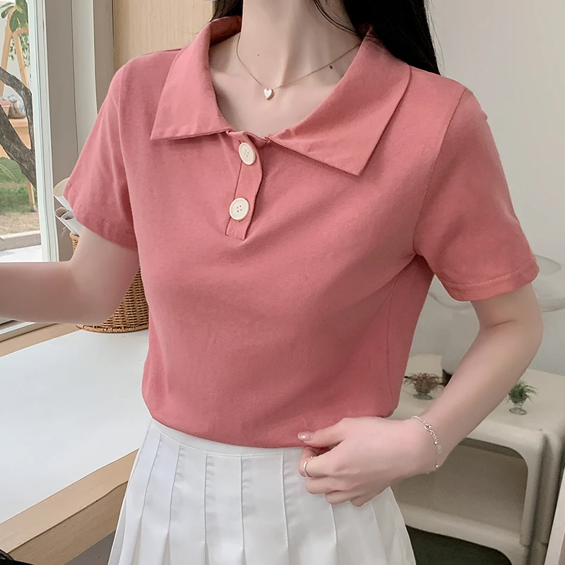 复古港风polo领纽扣正肩短袖t恤女2025春夏减龄中长款打底衫上衣