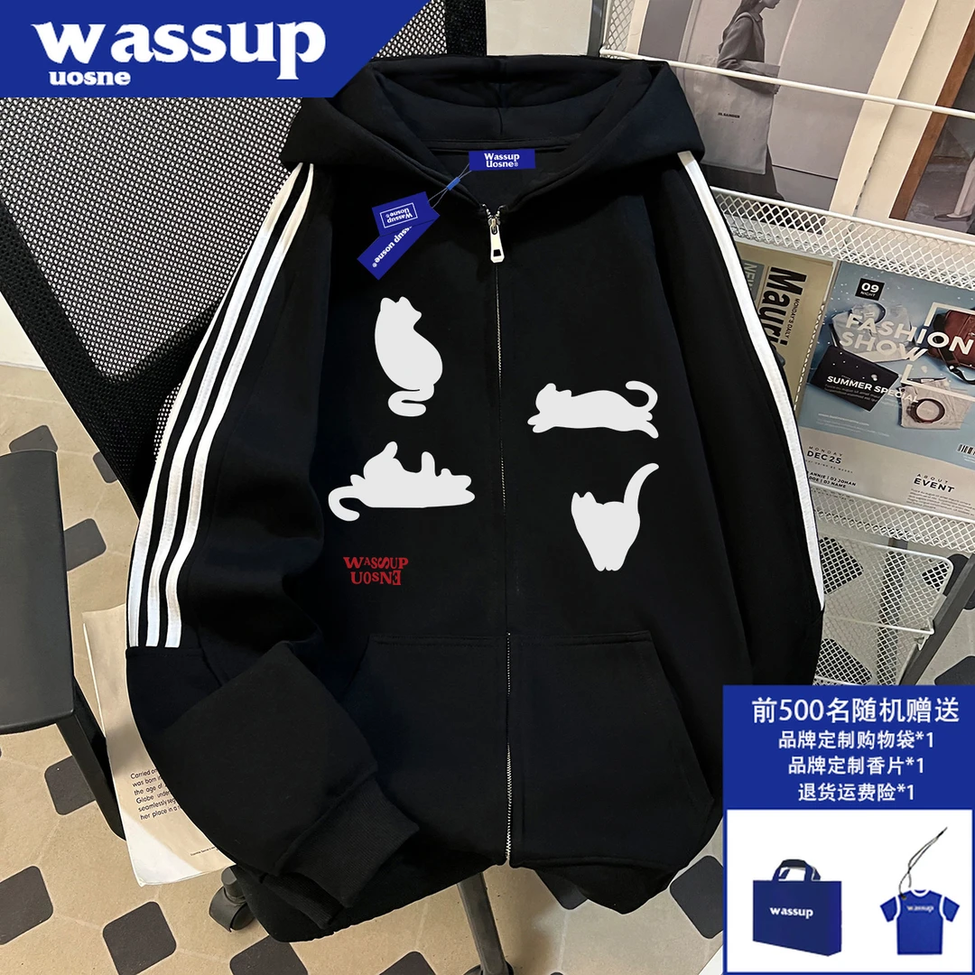 美式潮牌街头插兜连帽卫衣男秋冬新款hiphop玩趣百搭短宽拉链外套