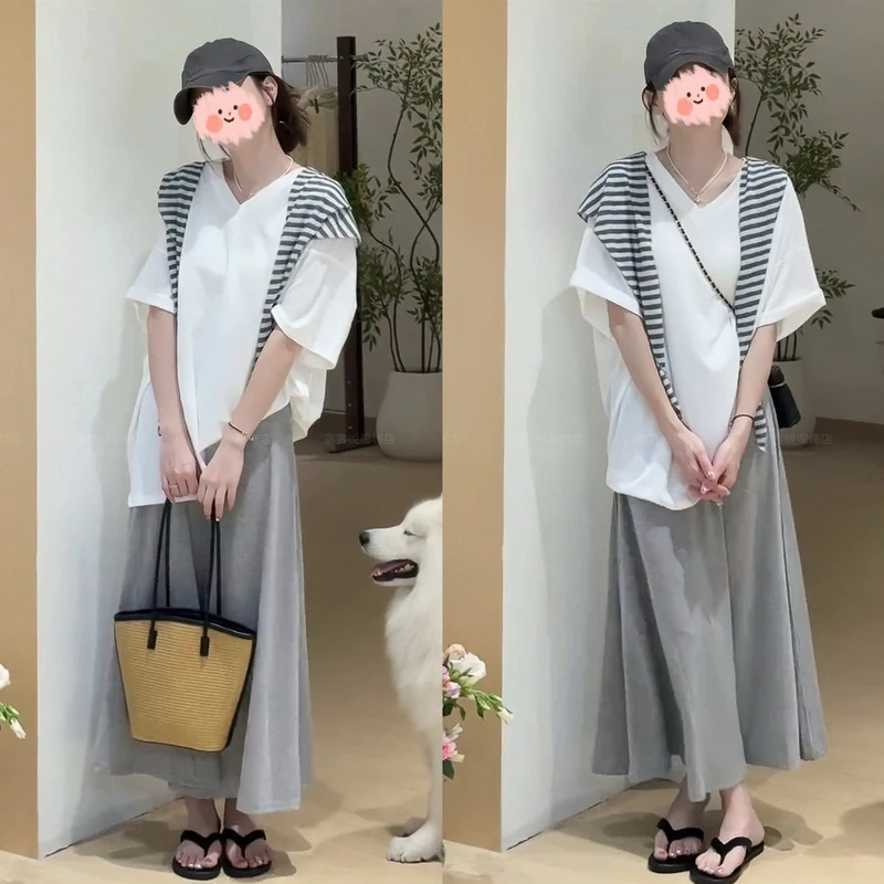 夏季新款韩系千金贵气风上衣T舒适显瘦连衣裙洋气衣服两件套装女