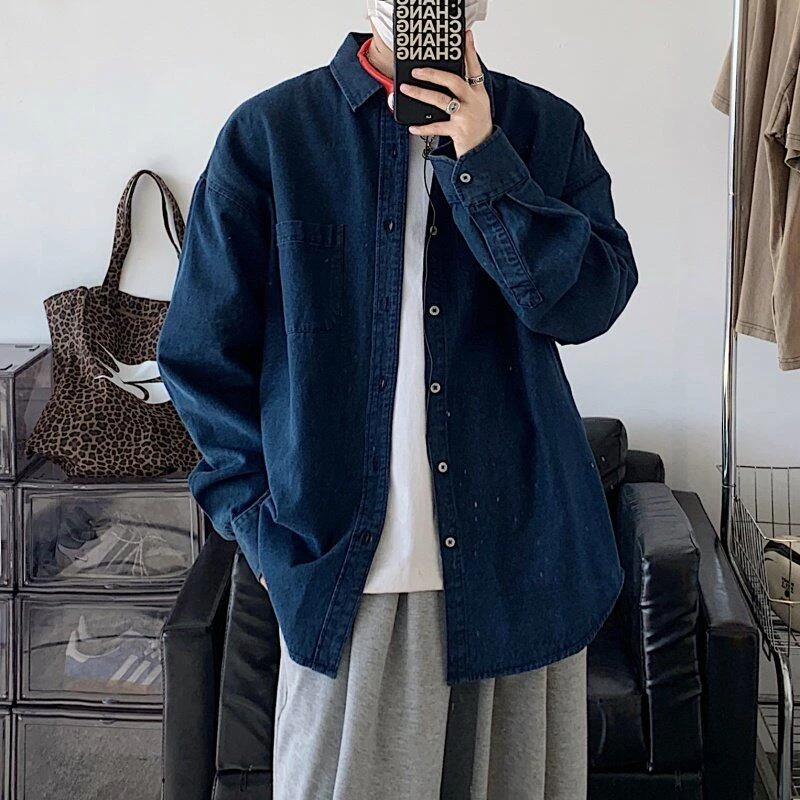 美式深蓝色牛仔衬衫男春新款高级感长袖衬衣潮流时尚韩版男士外套