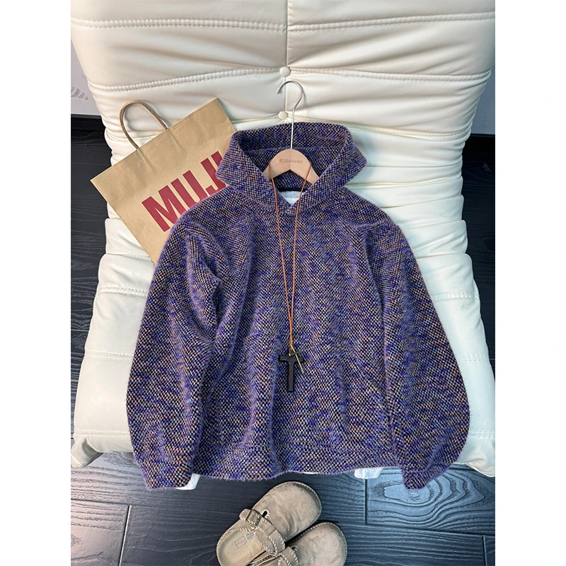 莫奈紫毛绒针织卫衣男款秋冬美式重磅帽衫高级感潮牌宽松连帽外套