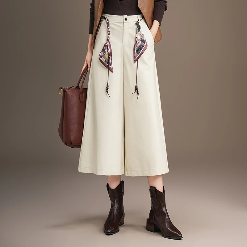 七分皮裤阔腿裤女2025年秋冬季新款时尚直筒休闲宽松裤子pu皮中裤