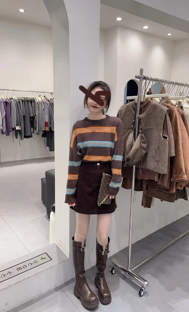 20秋季新款韩系气质休闲软糯撞色条纹针织上衣高腰显瘦半身裙套装