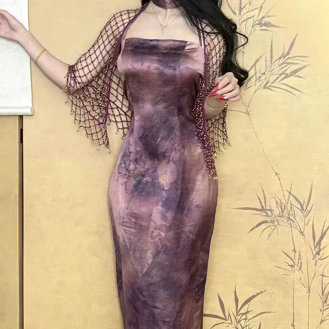 提花缎面晕染吊带连衣裙  炊烟紫吊带裙