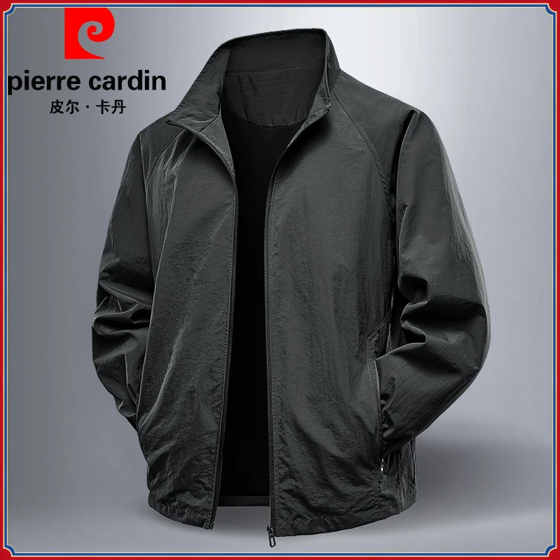 皮尔卡丹春秋新薄款休闲防晒开衫简约纯色百搭外套男士立领夹克