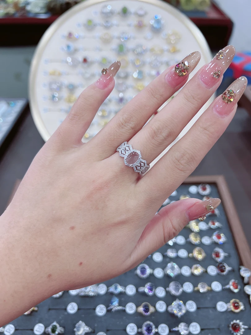 天然粉晶芙蓉石戒指925银