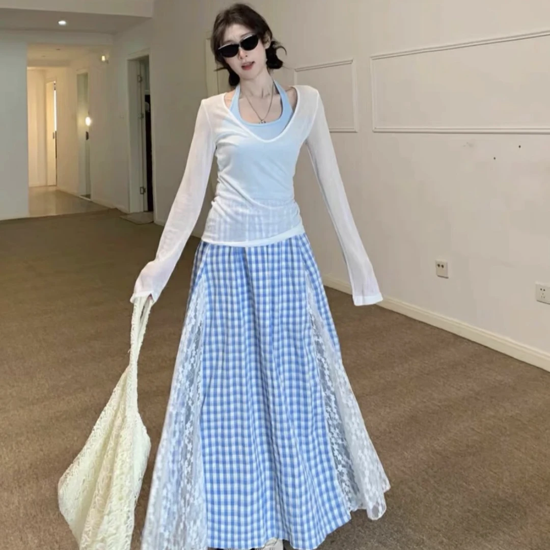白色罩衫T恤女春季蕾丝拼接挂脖背心格子半身裙套装