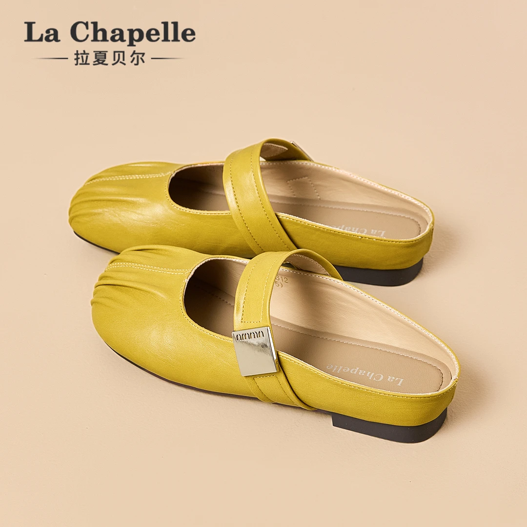 拉夏贝尔懒人包头半拖鞋女外穿2025新款冬季法式褶皱豆豆鞋单鞋子