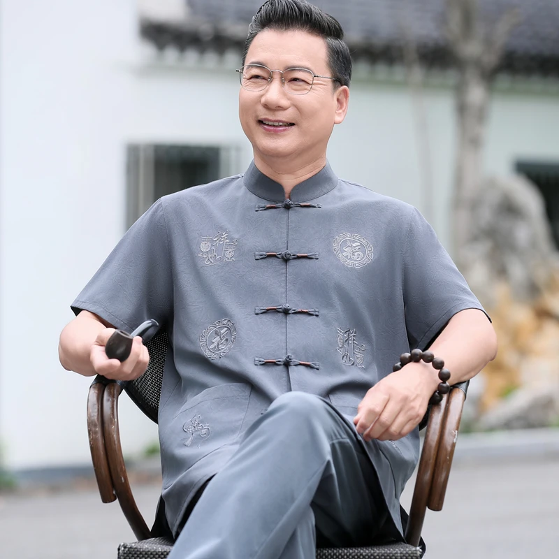 夏季中老年唐装短袖套装50男士60-70岁高档爸爸装新中式男装汉服