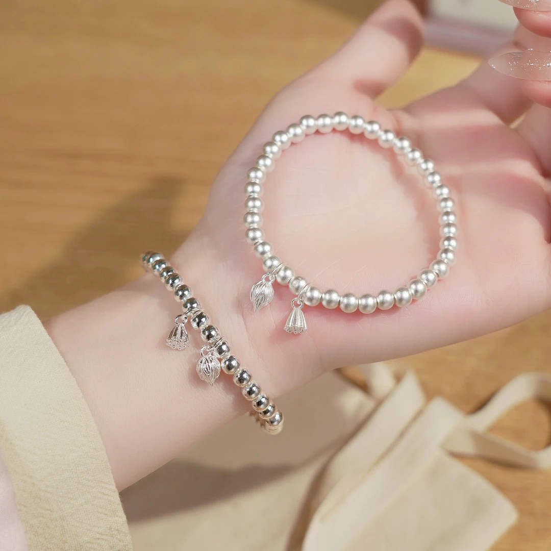 老银匠关东 足银手链 两世欢纯银手链轻奢时尚百搭小众简约弹力