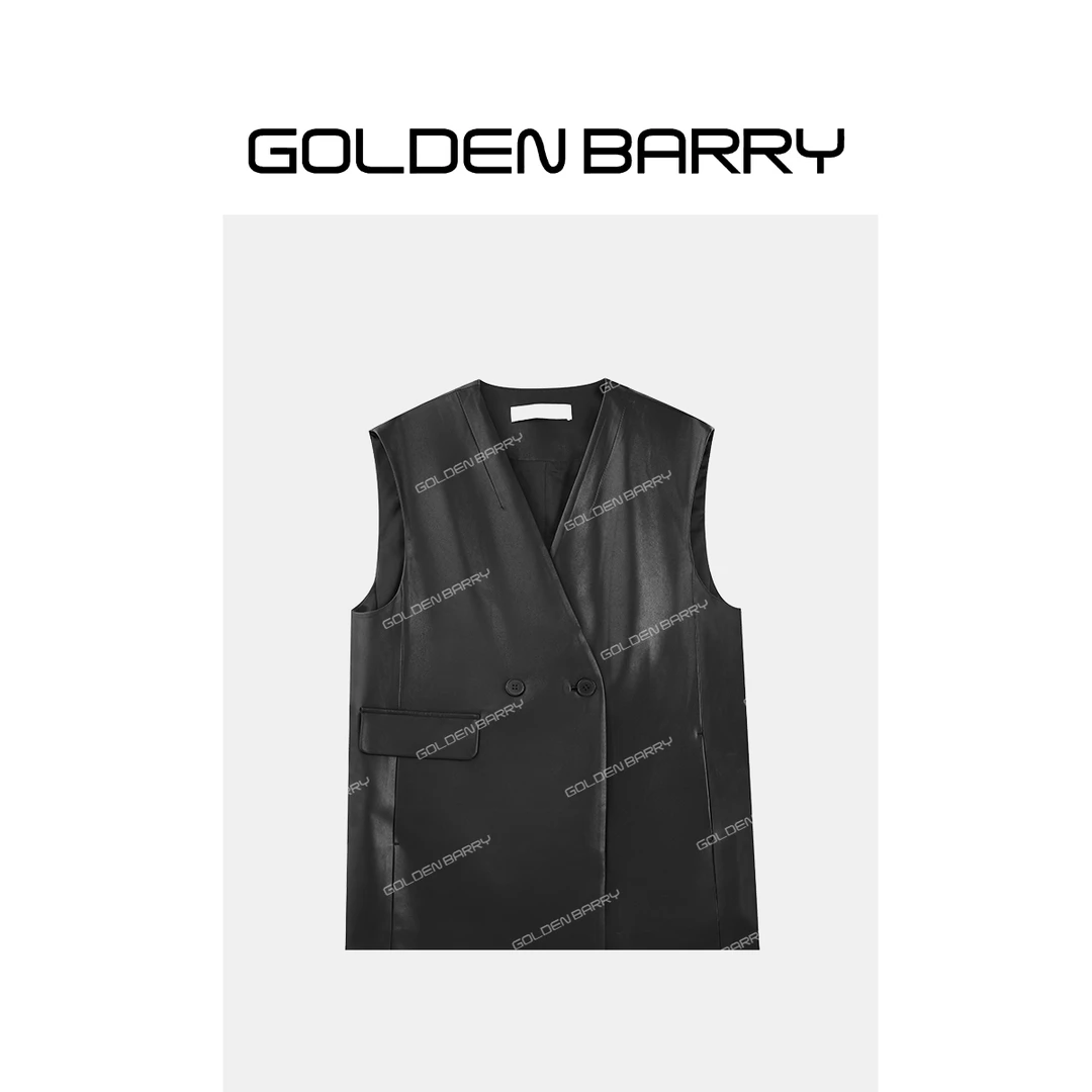 GOLDENBARRY|123090极简V领无袖潮流显瘦蛋白皮马甲气质