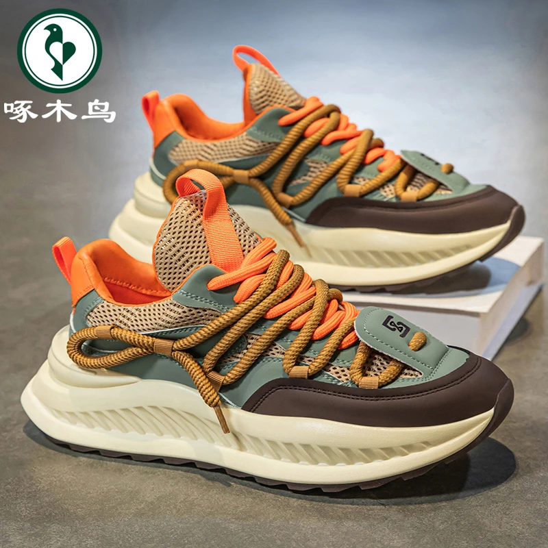 啄木鸟男鞋夏季时尚百搭透气休闲老爹鞋子男款运动跑步厚底网面鞋