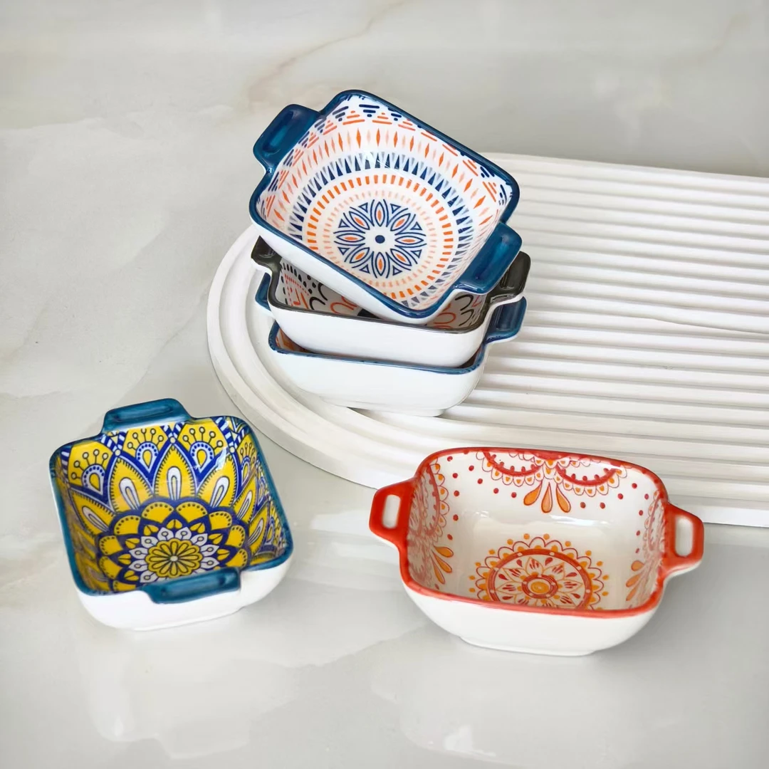 洛诺兔厨房调味碟波西米亚家用味碟醋碟双耳个性蘸料碟酱油釉下彩