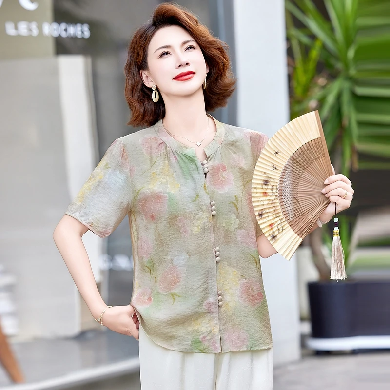 妈妈夏装短袖小衫洋气中老年女装新中式衬衫夏季时尚减龄上衣套装