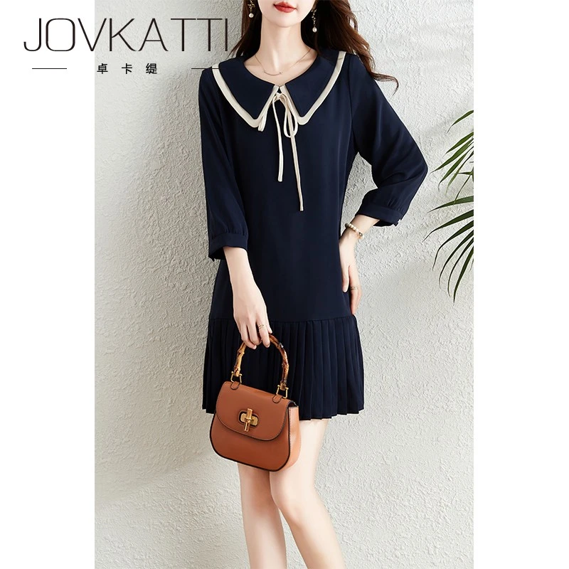 时尚撞色双层领连衣裙女秋季2025新款小个子宽松遮肉显瘦a字裙子