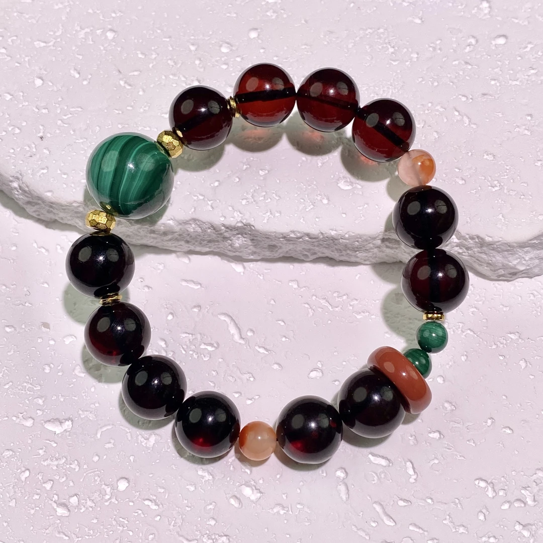 【亿轩珠宝】ZX115212血珀单圈手串diy孔雀石&南红12-16mm+