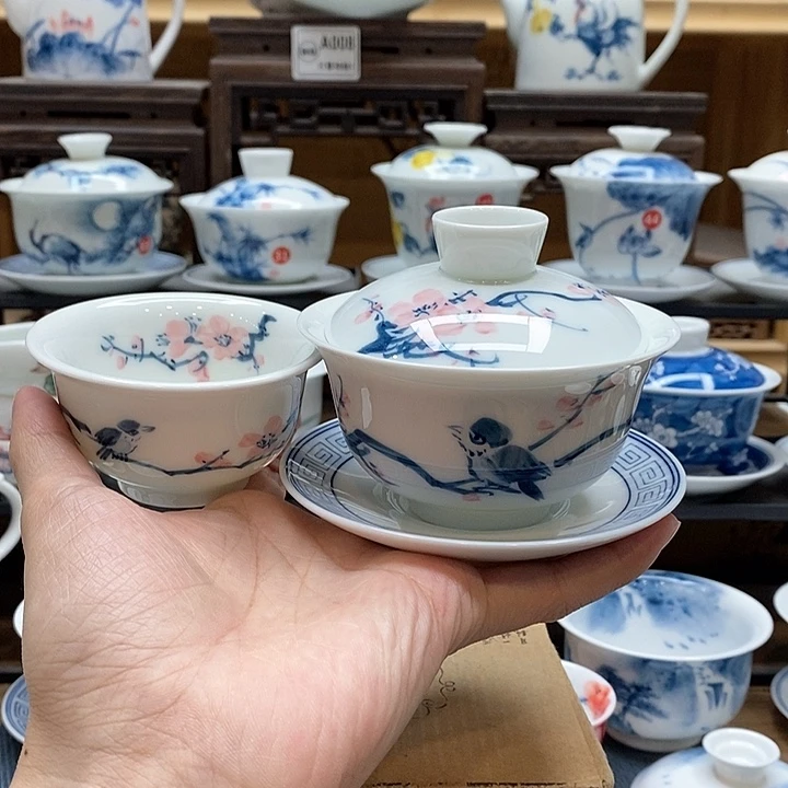 手绘喜上眉梢盖碗150cc悬停➕同款压手杯85cc釉下彩微瑕福利款