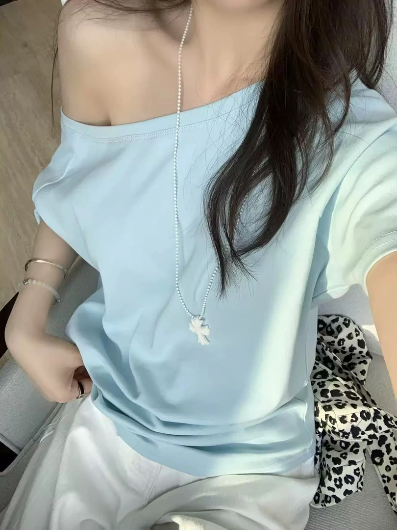 美式复古性感一字露肩短袖t恤女夏季宽松设计感辣妹纯欲斜肩上衣