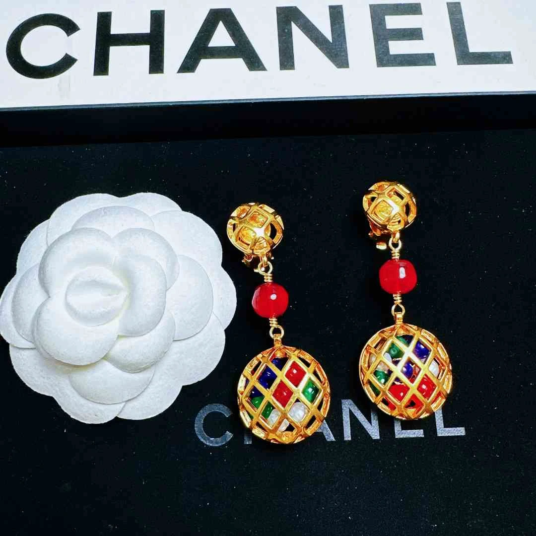 95新 Chanel/香奈儿 柚礼中古/香奈儿红琉璃鸟笼扫肩耳夹CXP