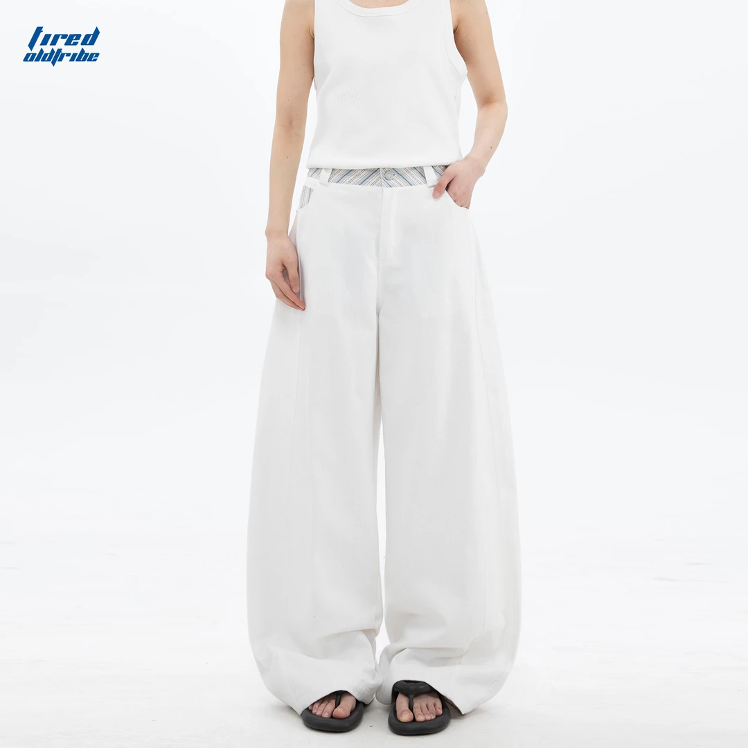 TIRED街头宽松阔腿裤腰头格子拼接高级感直筒裤宽松弯刀休闲长裤