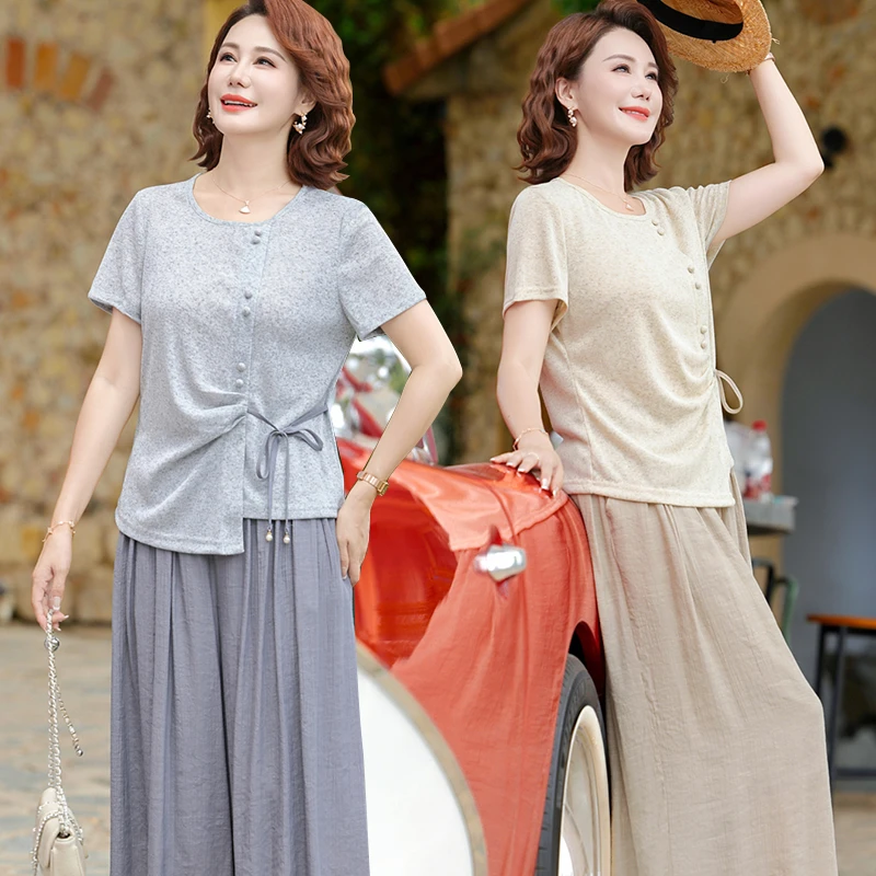 2025夏季新款时尚洋气妈妈装两件套短袖T恤中老年女士套装中年女