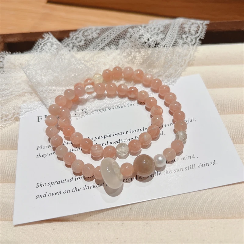 X086天然太阳石淡水珍珠玉髓跑环双圈送朋友手链手串 多样性发一