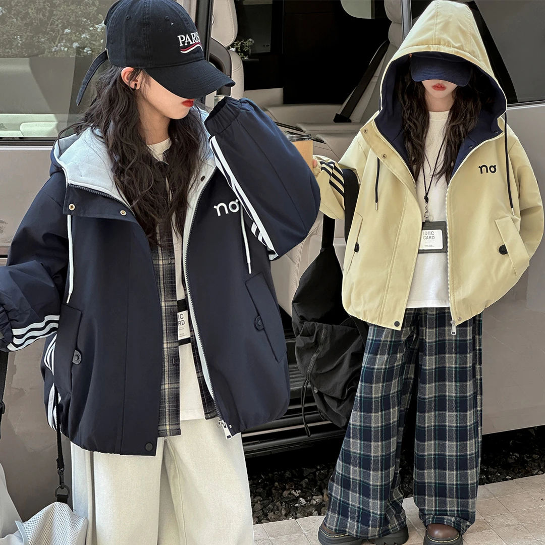 女童冲锋衣2025秋冬新款青少年韩版夹棉加厚连帽外套中大童夹克衫