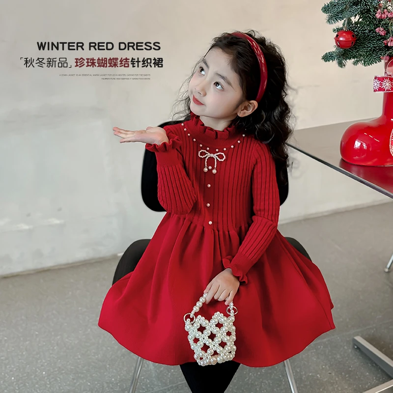 连衣裙新款儿童针织裙红色新年拜年服宝宝洋气公主裙D5668-YGG