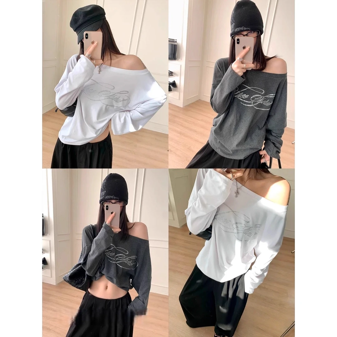 秋季新款休闲时尚烫钻印花可多穿长袖T恤慵懒风时尚宽松舒适上衣